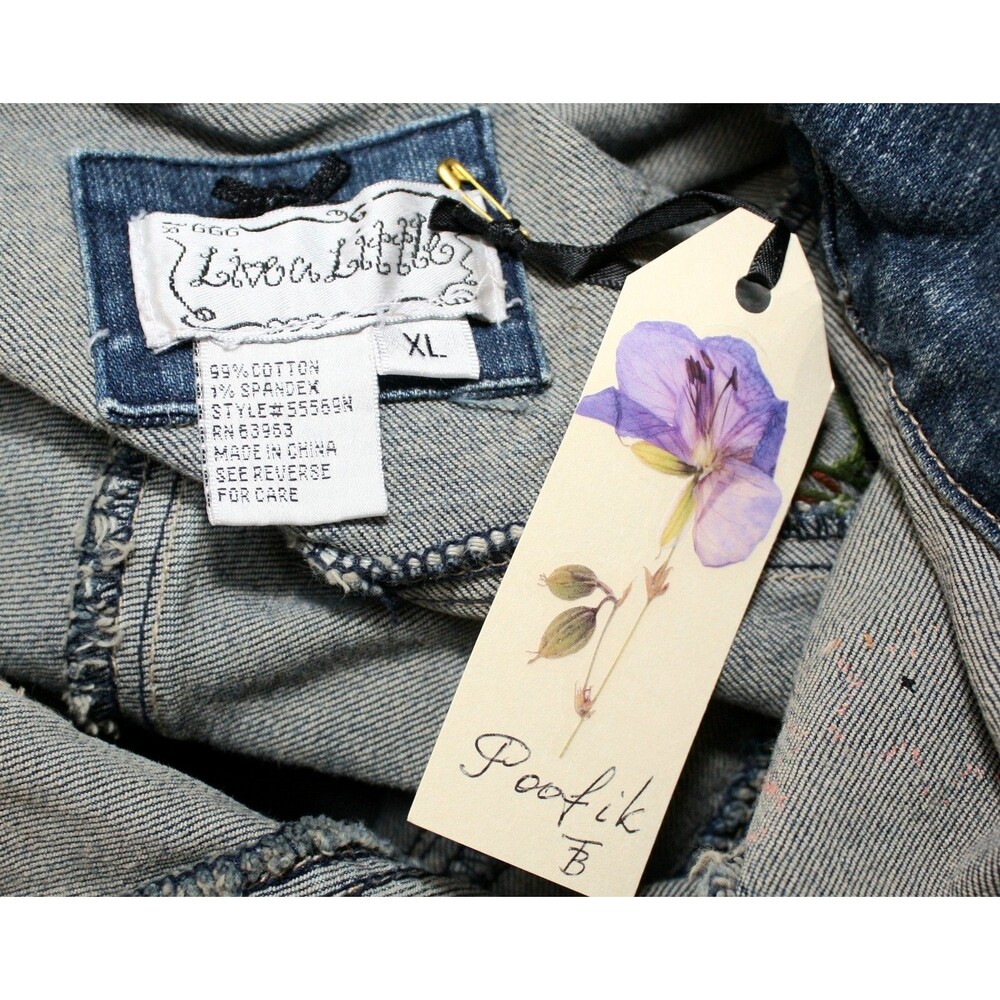 Upcycled OOAK LIVE A LITTLE Denim Jacket Embroidered Beaded Floral Applique XL * - Picture 13 of 13